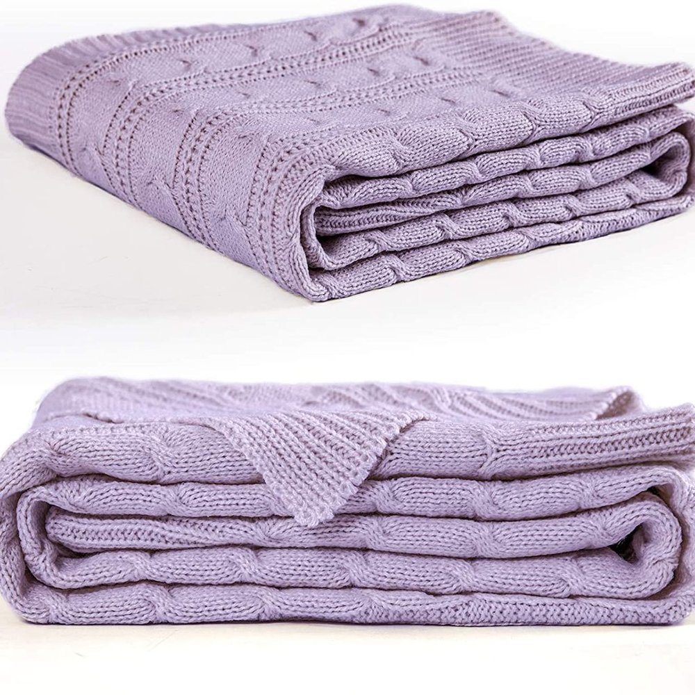 LIlac Purple Cozy Knit Cable Knit Weave Pattern Decorative Bed Accent Blanket - Picture 5 of 9